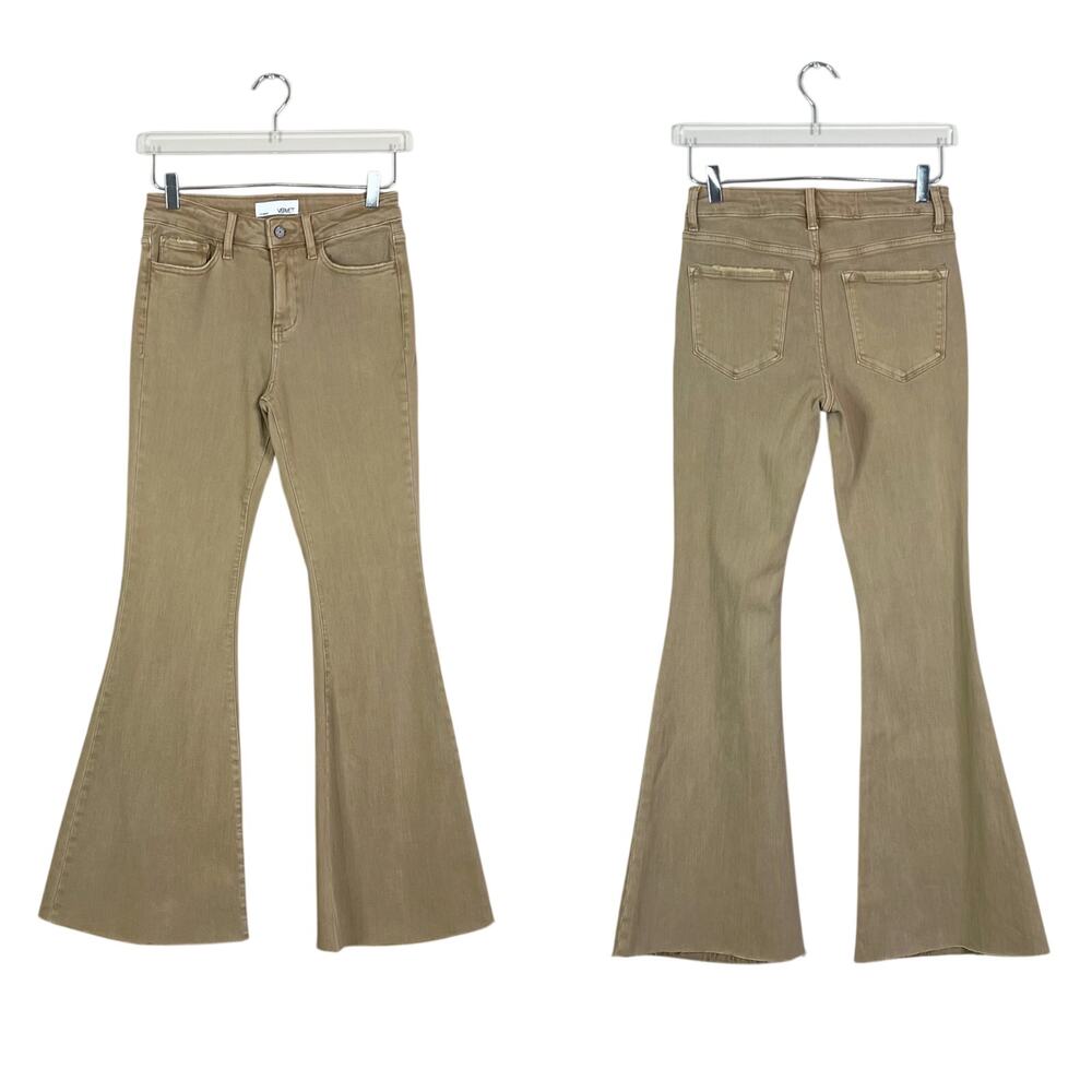 Vervet | Brown Denim Tan Bell Bottom Flare Leg High Waist Raw Hem Jeans 27